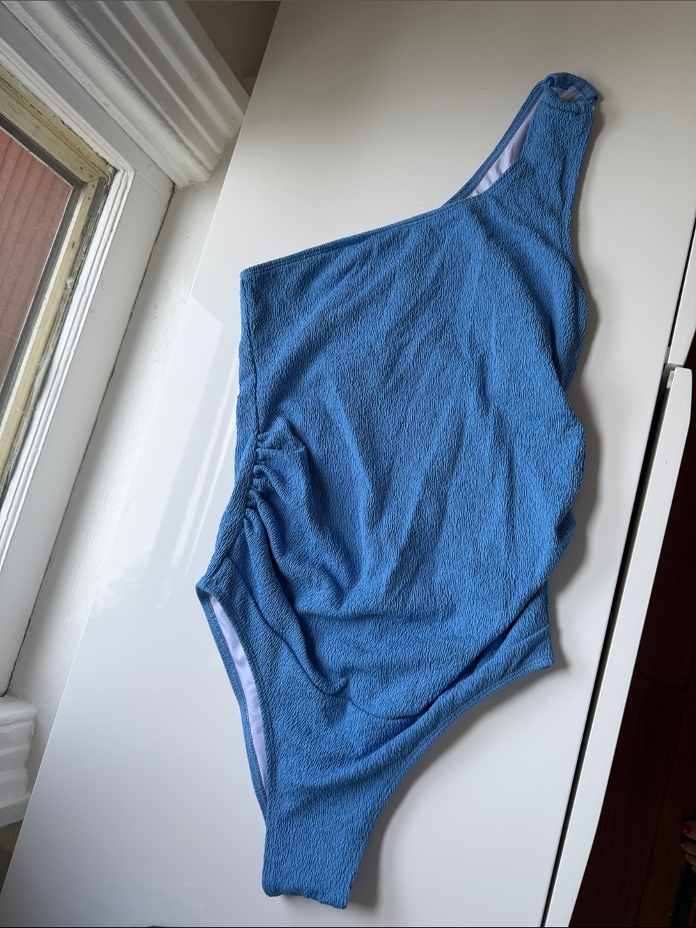 Maternity: One-Shoulder Blue Textured Swimsuit